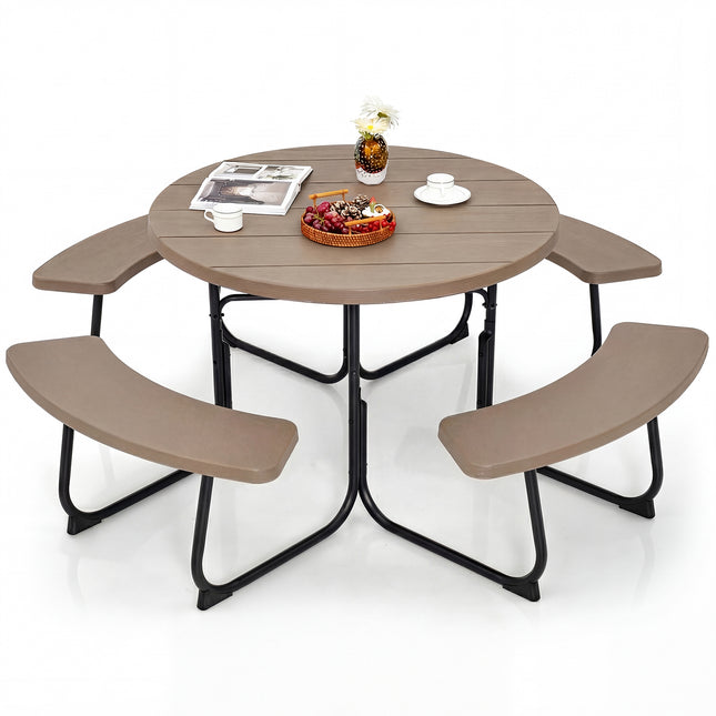 8-Person Outdoor Picnic Table and Bench Set with Umbrella Hole-Rustic Brown
