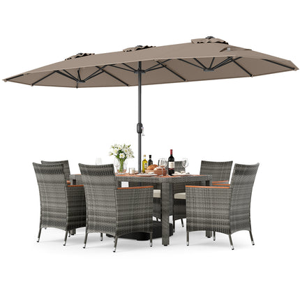 8-Piece Patio Dining Set with Double-Sided Market Umbrella-Brown