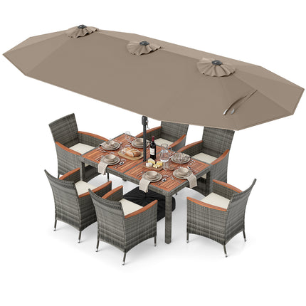 8-Piece Patio Dining Set with Double-Sided Market Umbrella-Brown
