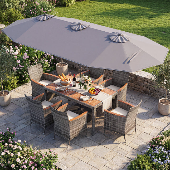 8-Piece Patio Dining Set with Double-Sided Market Umbrella-Gray