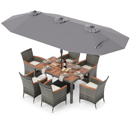 8-Piece Patio Dining Set with Double-Sided Market Umbrella-Gray