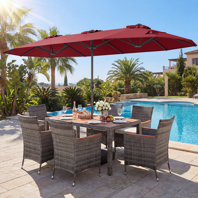 8-Piece Patio Dining Set with Double-Sided Market Umbrella-Red