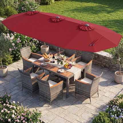 8-Piece Patio Dining Set with Double-Sided Market Umbrella-Red
