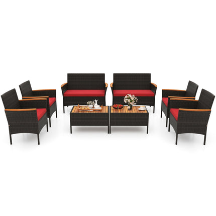8 Piece Patio Wicker Sofa Set 4 Rattan Chairs and 2 Loveseat with 2 Table-Red