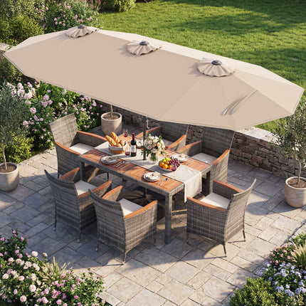 8 Pieces Outdoor Wicker Dining Furniture and 13.5 FT Double-Sided Patio Umbrella-Beige