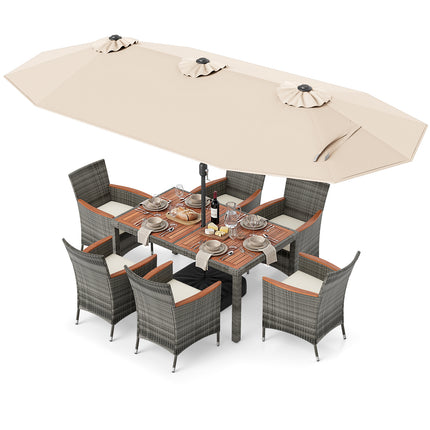 8 Pieces Outdoor Wicker Dining Furniture and 13.5 FT Double-Sided Patio Umbrella-Beige