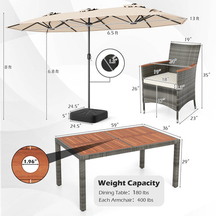 8 Pieces Outdoor Wicker Dining Furniture and 13.5 FT Double-Sided Patio Umbrella-Beige