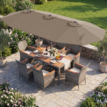 8 Pieces Outdoor Wicker Dining Furniture and 13.5 FT Double-Sided Patio Umbrella-Brown