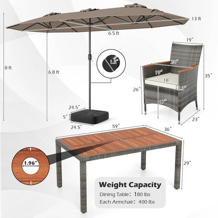 8 Pieces Outdoor Wicker Dining Furniture and 13.5 FT Double-Sided Patio Umbrella-Brown