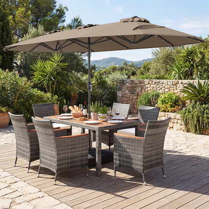8 Pieces Outdoor Wicker Dining Furniture and 13.5 FT Double-Sided Patio Umbrella-Brown