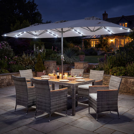 8 Pieces Outdoor Wicker Dining Furniture and 13.5 FT Double-Sided Patio Umbrella-Gray