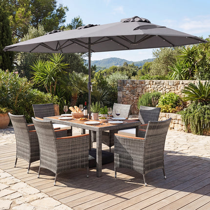 8 Pieces Outdoor Wicker Dining Furniture and 13.5 FT Double-Sided Patio Umbrella-Gray