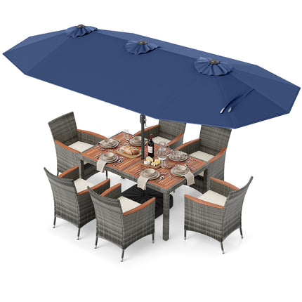 8 Pieces Outdoor Wicker Dining Furniture and 13.5 FT Double-Sided Patio Umbrella-Navy