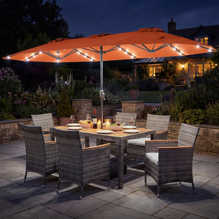 8 Pieces Outdoor Wicker Dining Furniture and 13.5 FT Double-Sided Patio Umbrella-Orange