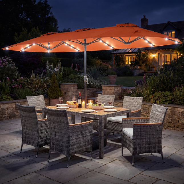 8 Pieces Outdoor Wicker Dining Furniture and 13.5 FT Double-Sided Patio Umbrella-Orange