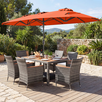 8 Pieces Outdoor Wicker Dining Furniture and 13.5 FT Double-Sided Patio Umbrella-Orange