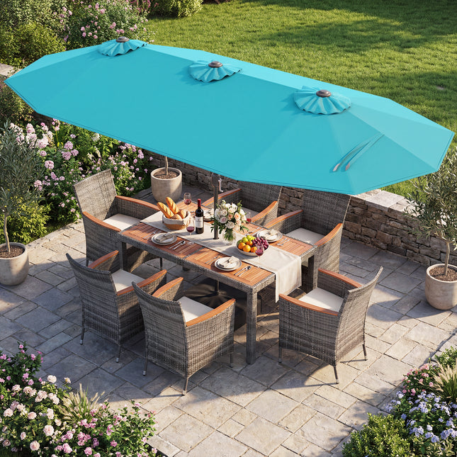8 Pieces Outdoor Wicker Dining Furniture and 13.5 FT Double-Sided Patio Umbrella-Turquoise