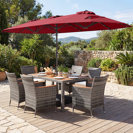 8 Pieces Outdoor Wicker Dining Furniture and 13.5 FT Double-Sided Patio Umbrella-Red