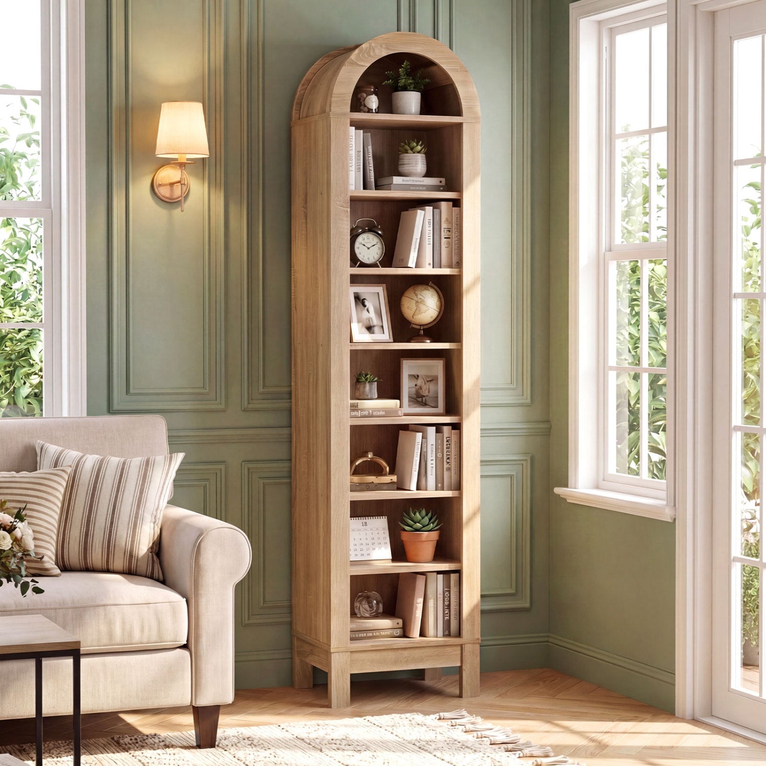 8-Tier Modern Arch Bookshelf with 3 Adjustable Shelves-Natural