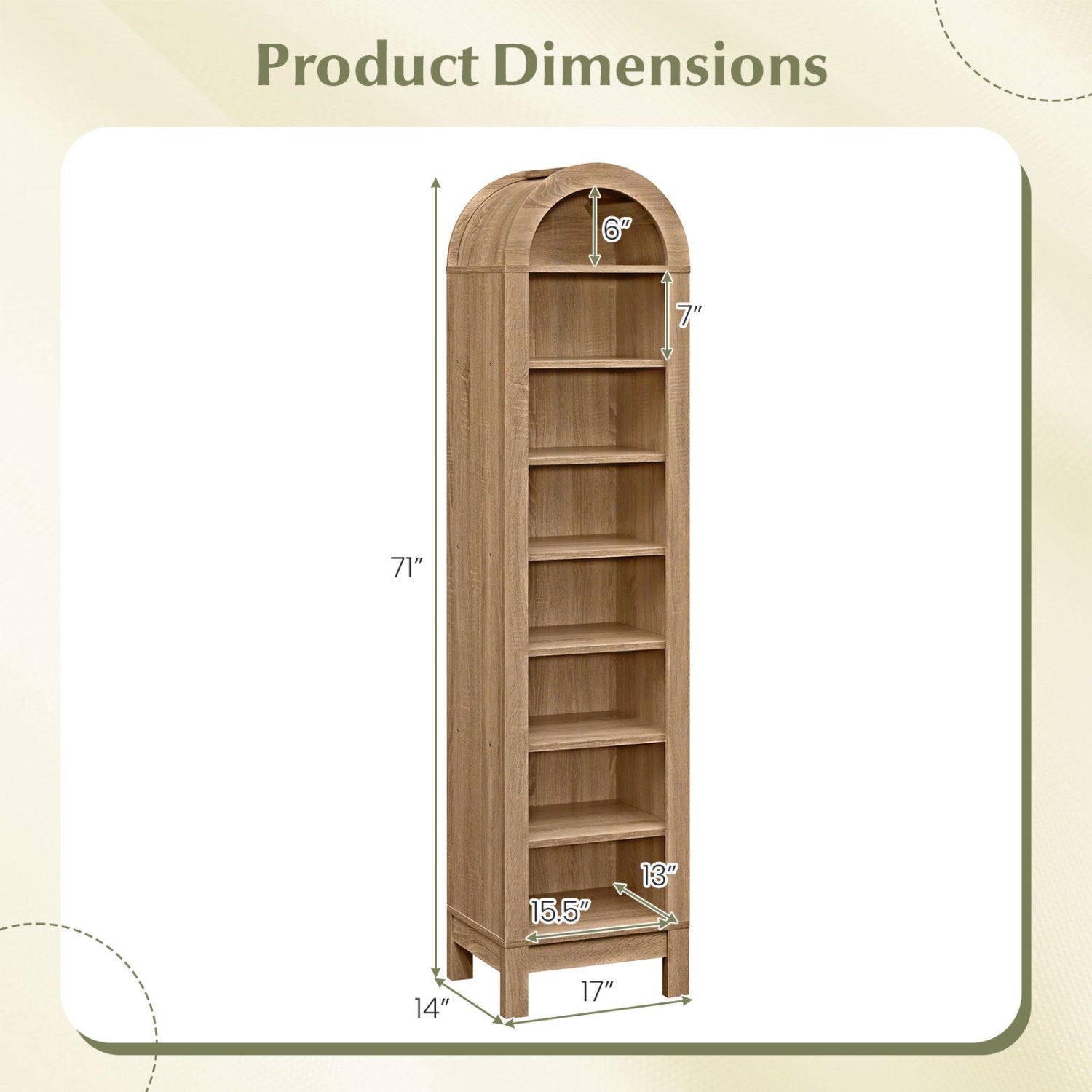8-Tier Modern Arch Bookshelf with 3 Adjustable Shelves-Natural
