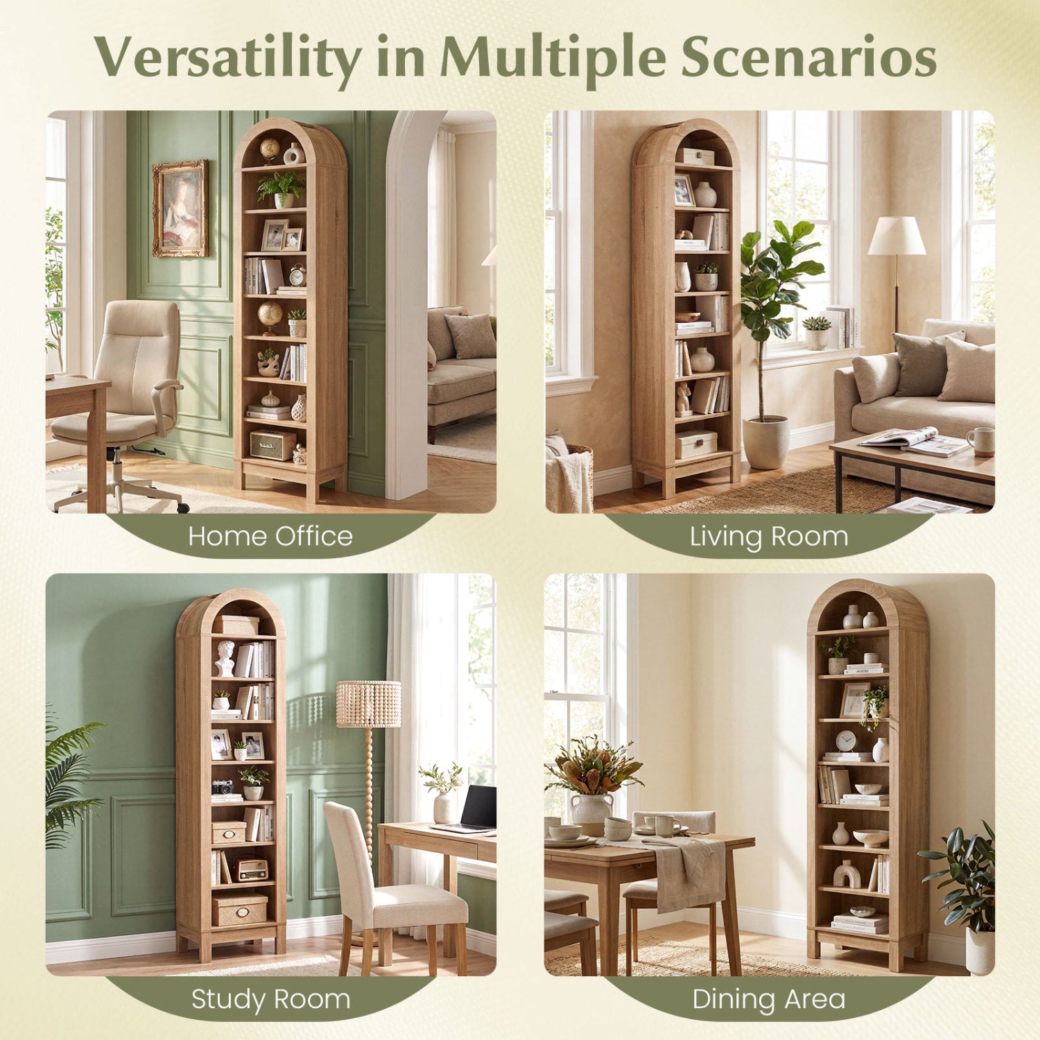 8-Tier Modern Arch Bookshelf with 3 Adjustable Shelves-Natural