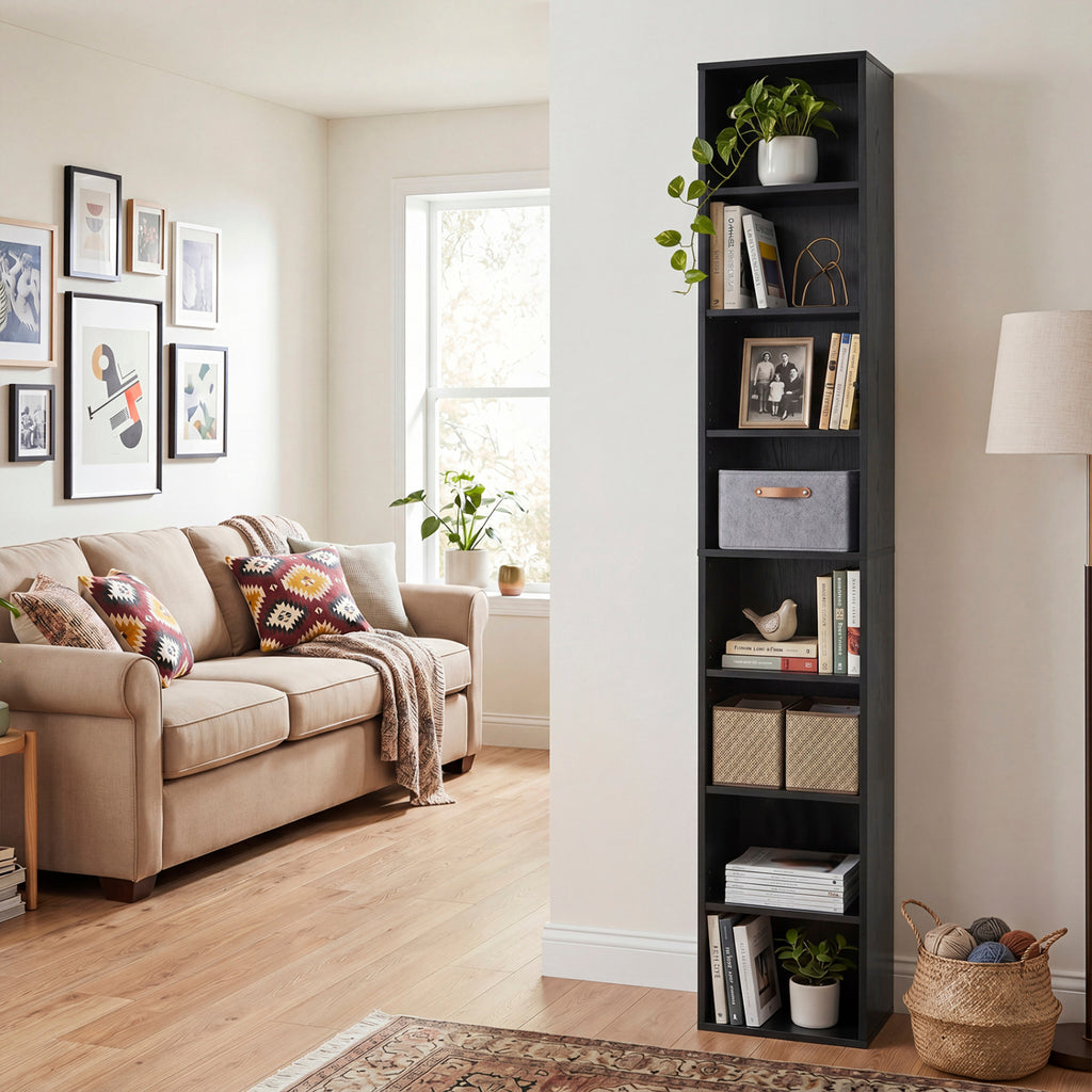 8-Tier Narrow Bookshelf with 4 Adjustable Shelves and Storage Cubes-Black