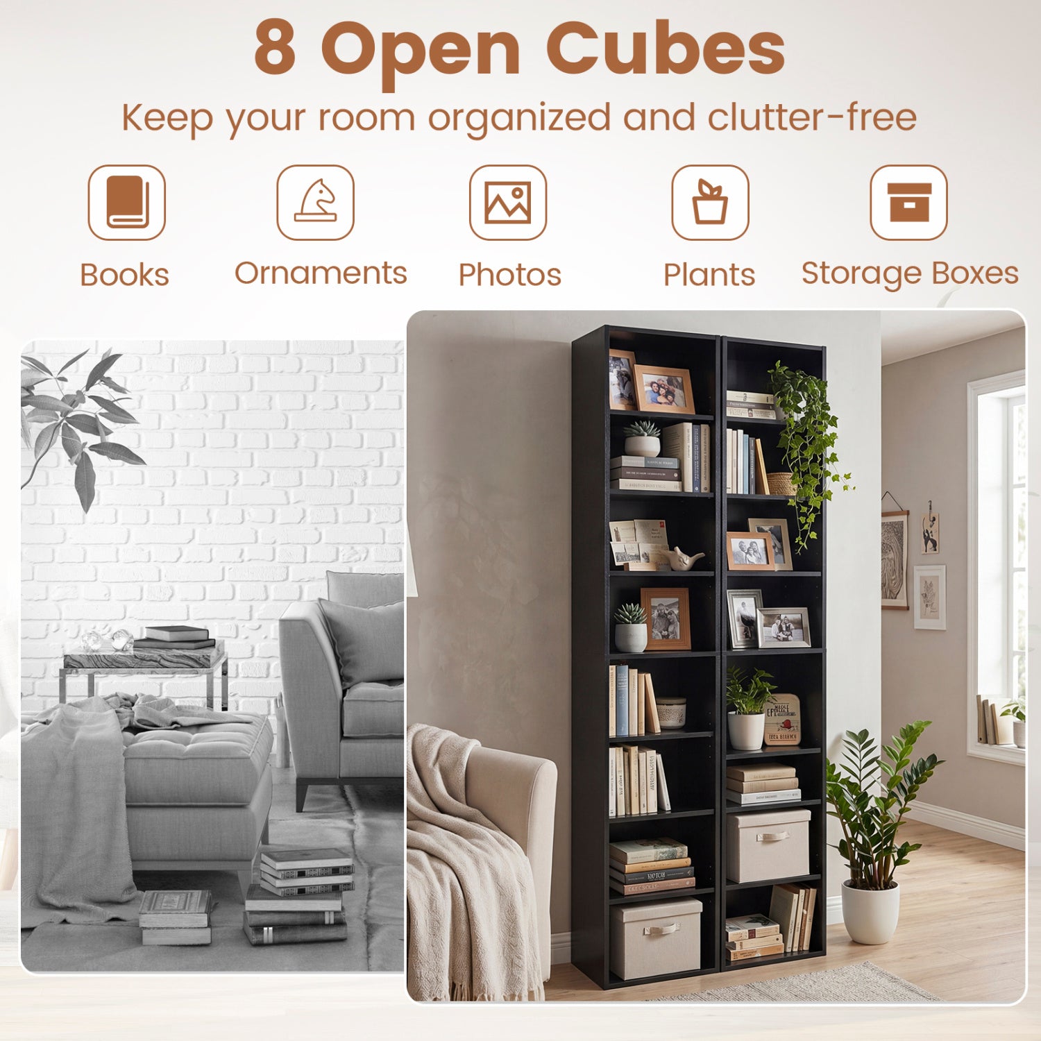8-Tier Narrow Bookshelf with 4 Adjustable Shelves and Storage Cubes-Black