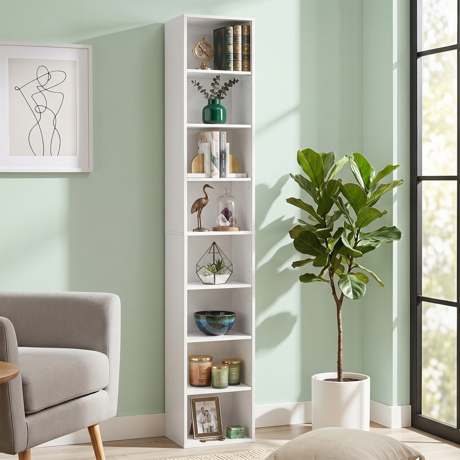 8-Tier Narrow Bookshelf with 4 Adjustable Shelves and Storage Cubes-White