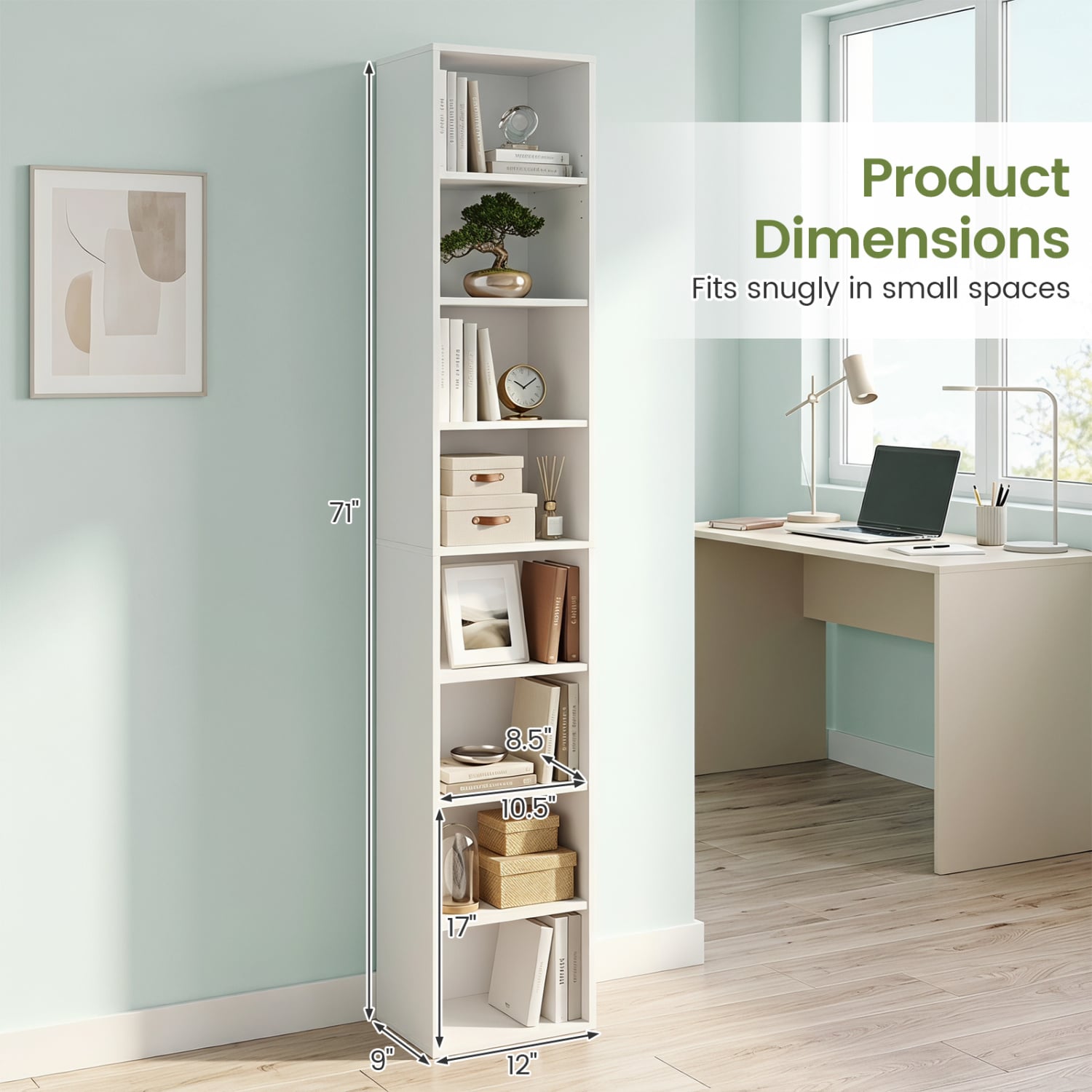 8-Tier Narrow Bookshelf with 4 Adjustable Shelves and Storage Cubes-White