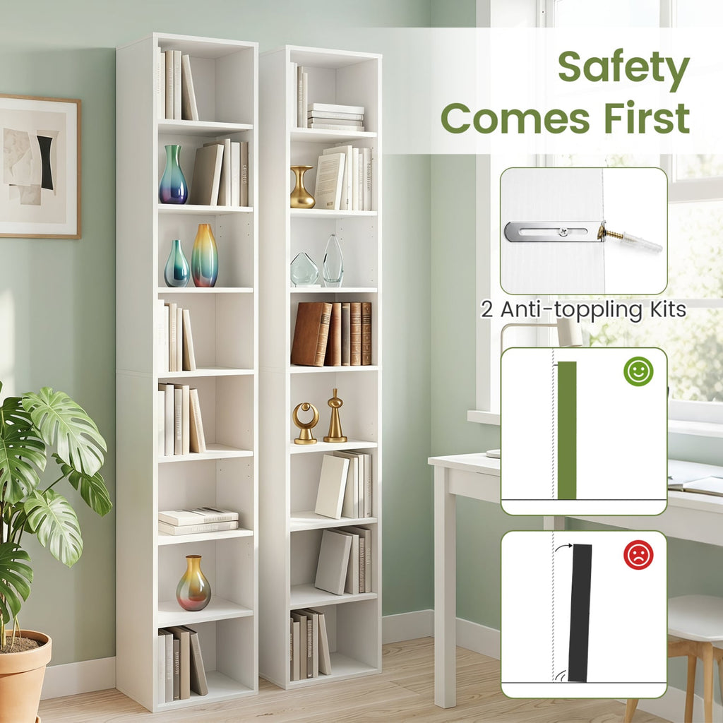 8-Tier Narrow Bookshelf with 4 Adjustable Shelves and Storage Cubes-White