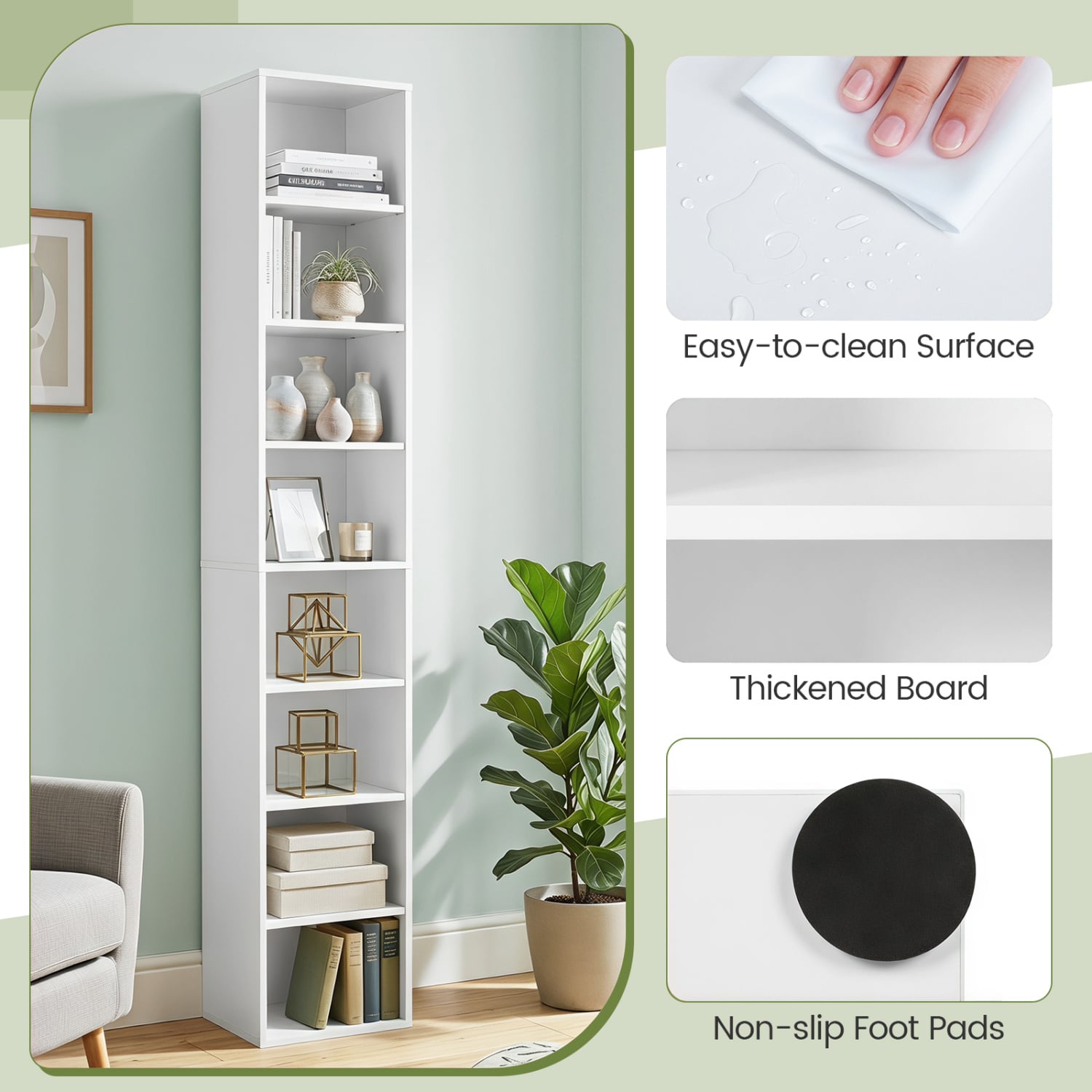 8-Tier Narrow Bookshelf with 4 Adjustable Shelves and Storage Cubes-White