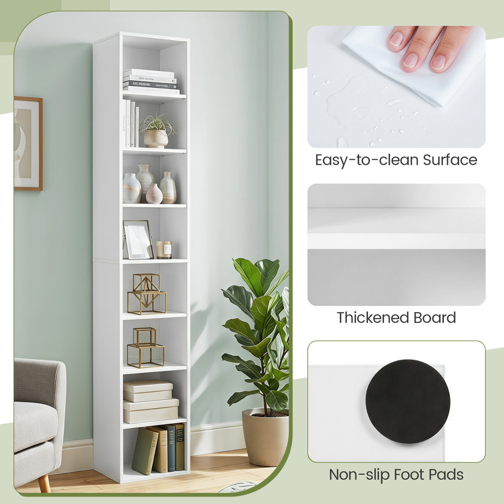 8-Tier Narrow Bookshelf with 4 Adjustable Shelves and Storage Cubes-White