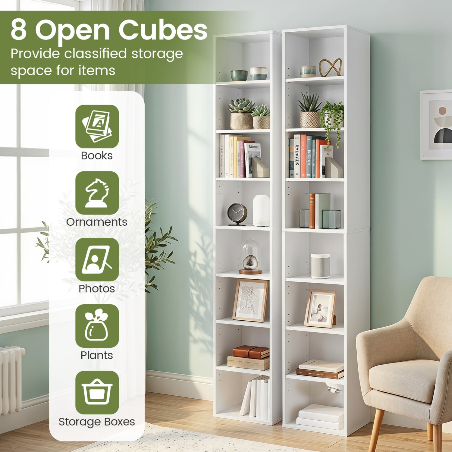 8-Tier Narrow Bookshelf with 4 Adjustable Shelves and Storage Cubes-White