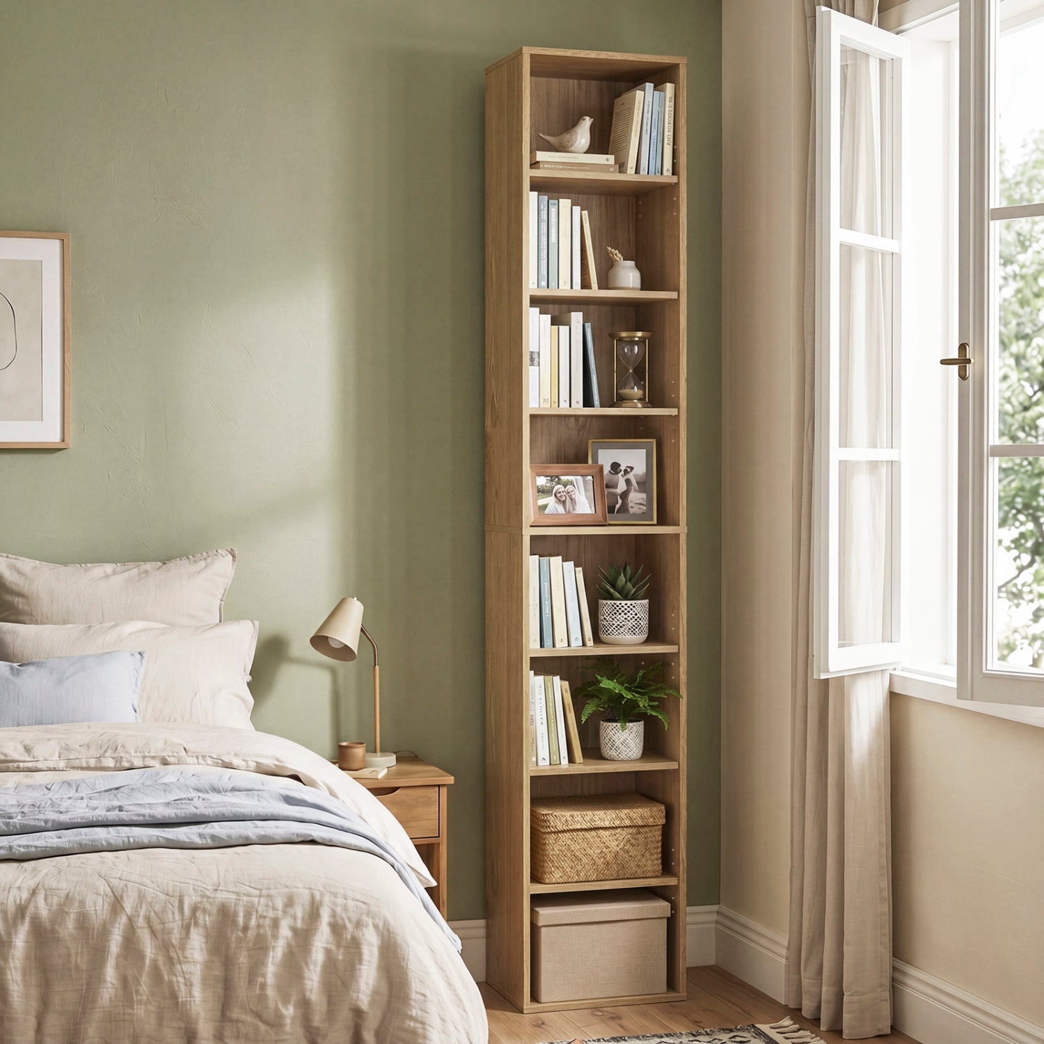 8-Tier Narrow Bookshelf with 4 Adjustable Shelves and Storage Cubes-Natural