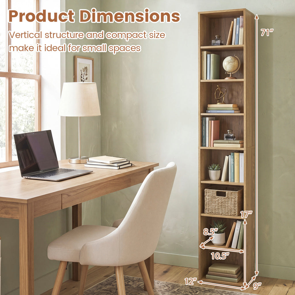 8-Tier Narrow Bookshelf with 4 Adjustable Shelves and Storage Cubes-Natural