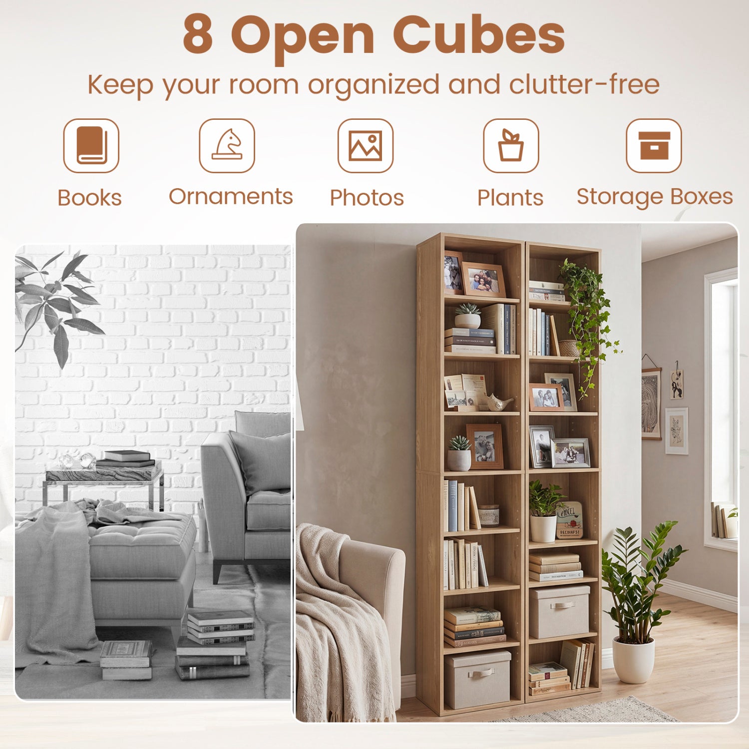8-Tier Narrow Bookshelf with 4 Adjustable Shelves and Storage Cubes-Natural