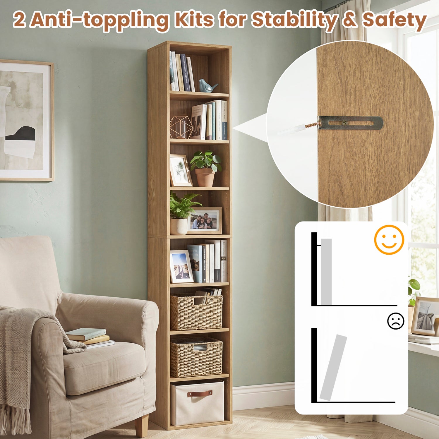 8-Tier Narrow Bookshelf with 4 Adjustable Shelves and Storage Cubes-Natural