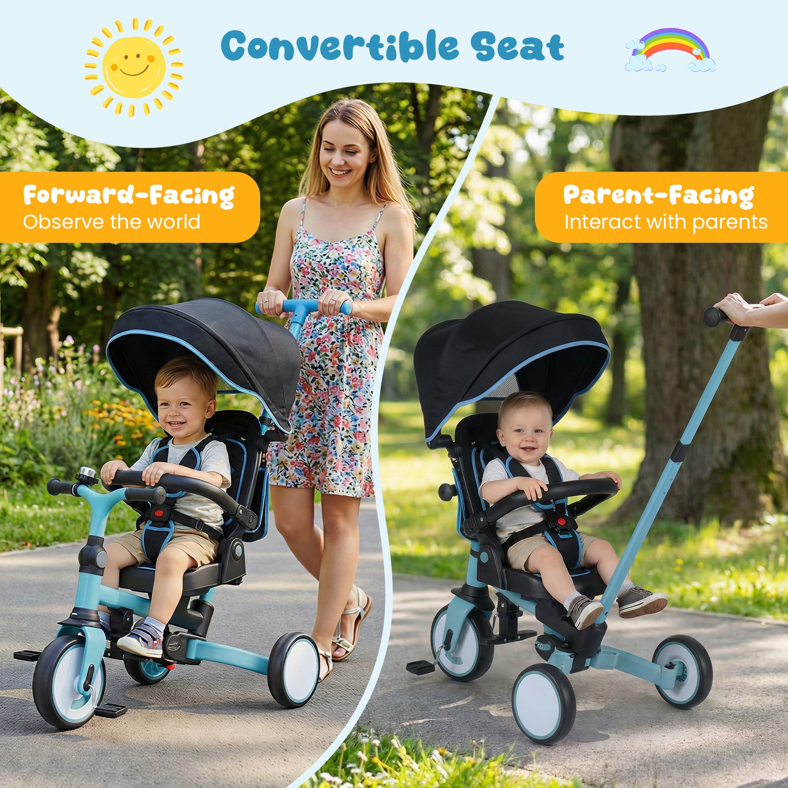 8-in-1 Folding Kids Tricycle with Removable Canopy and Push Handle-Blue