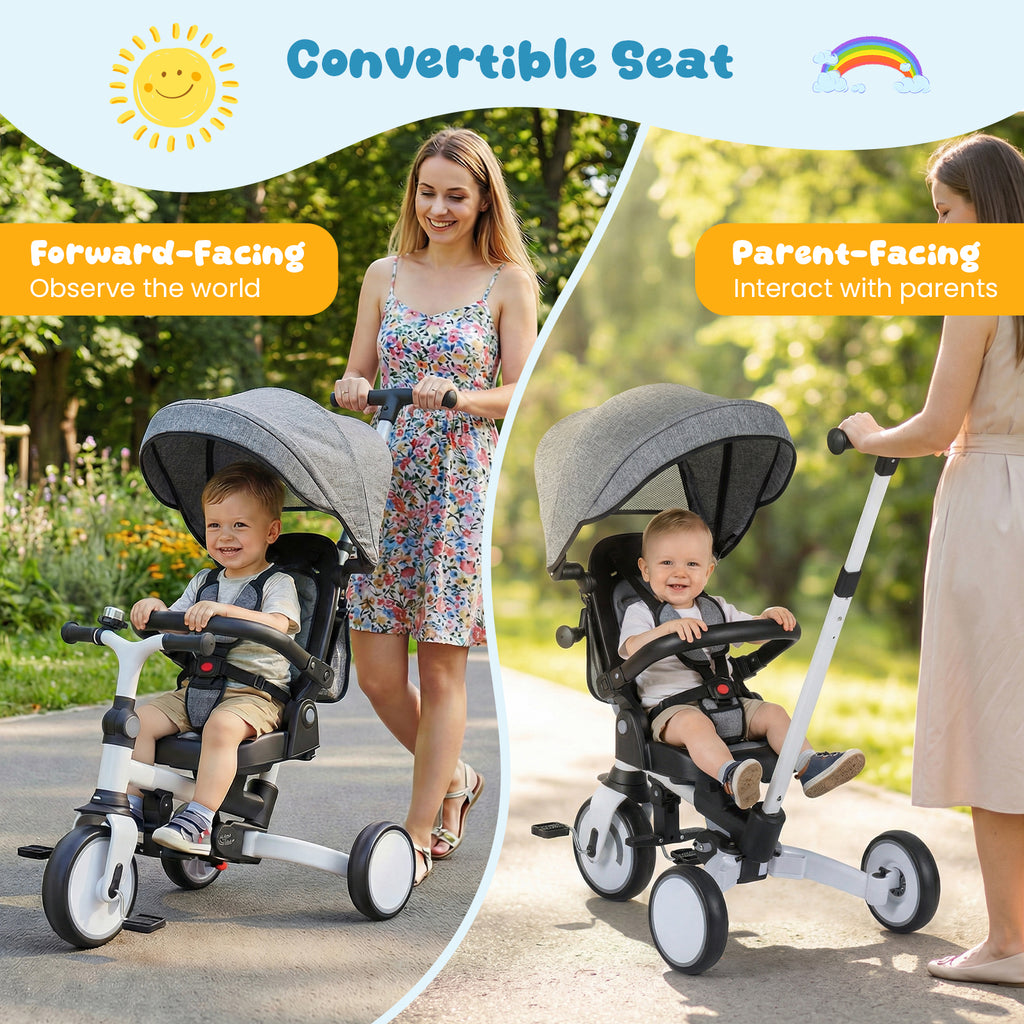8-in-1 Folding Kids Tricycle with Removable Canopy and Push Handle-Gray