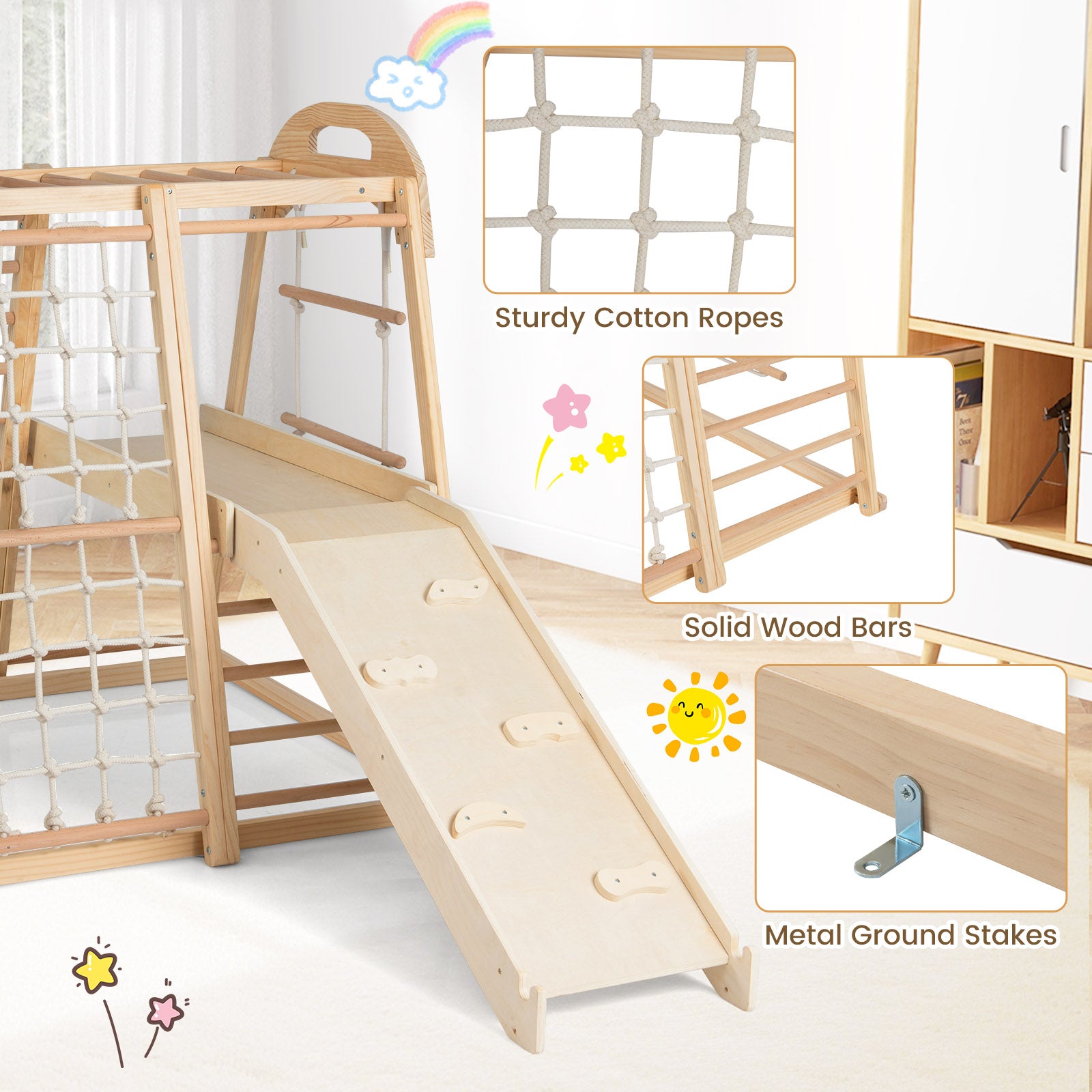 8-in-1 Jungle Gym Wooden Montessori Climber Playset with Slide and Monkey Bar for Kids 3-5 Years Old-Natural