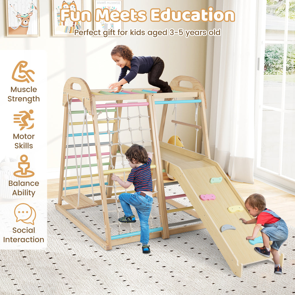 8-in-1 Jungle Gym Wooden Montessori Climber Playset with Slide and Monkey Bar for Kids 3-5 Years Old-Multicolor