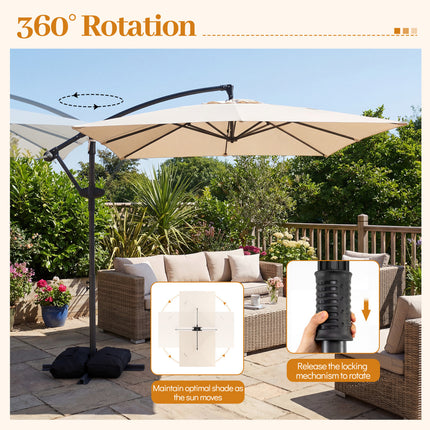 8 x 8 FT Offset Cantilever Patio Umbrella Square Hanging Outdoor Market Umbrella with 360° Rotation-Beige