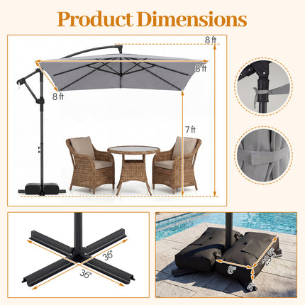 8 x 8 FT Offset Cantilever Patio Umbrella Square Hanging Outdoor Market Umbrella with 360° Rotation-Gray