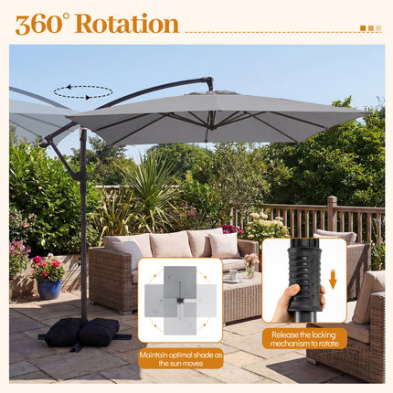8 x 8 FT Offset Cantilever Patio Umbrella Square Hanging Outdoor Market Umbrella with 360° Rotation-Gray