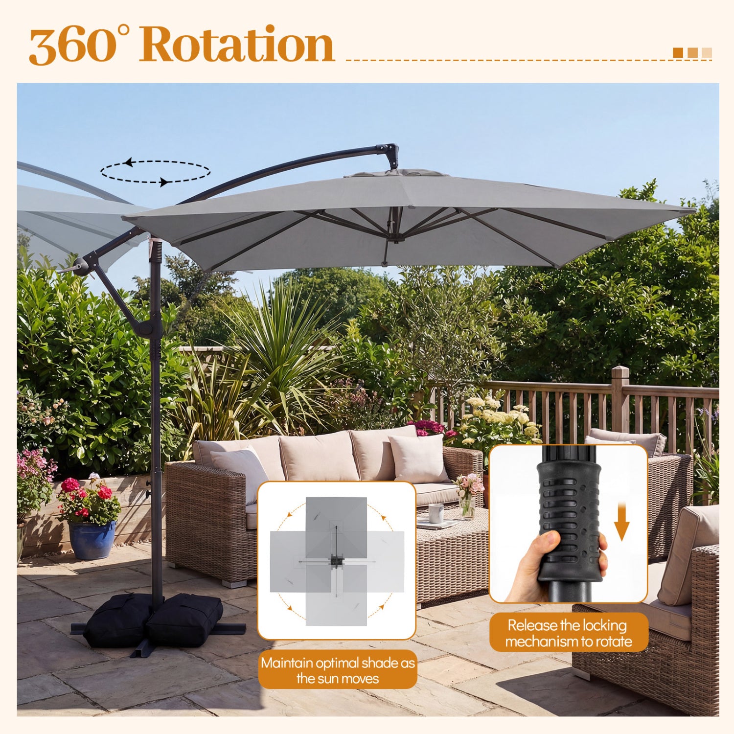 Parasol excentré déporté carré 2,4 x 2,4 m avec rotation à 360° - Gris