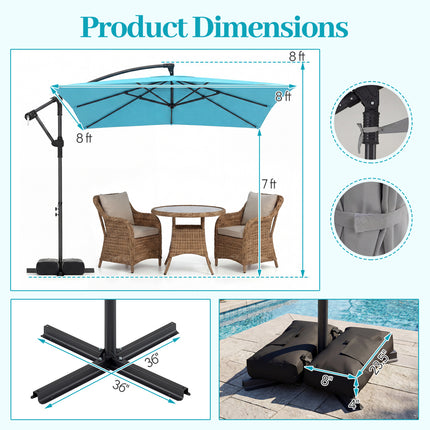 8 x 8 FT Offset Cantilever Patio Umbrella Square Hanging Outdoor Market Umbrella with 360° Rotation-Turquoise