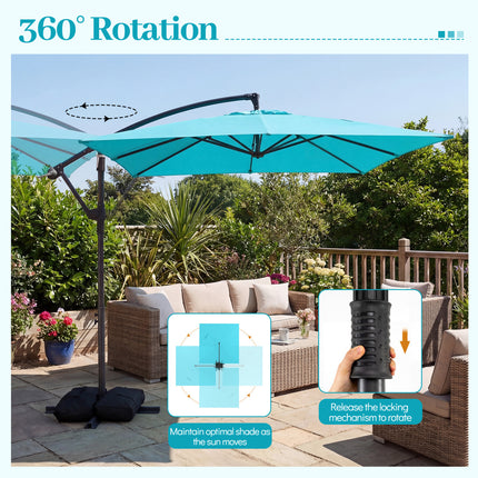8 x 8 FT Offset Cantilever Patio Umbrella Square Hanging Outdoor Market Umbrella with 360° Rotation-Turquoise
