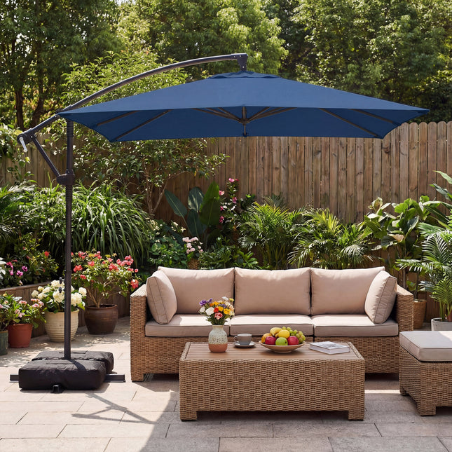 8 x 8 FT Offset Cantilever Patio Umbrella Square Hanging Outdoor Market Umbrella with 360° Rotation-Navy