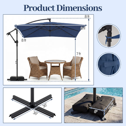 8 x 8 FT Offset Cantilever Patio Umbrella Square Hanging Outdoor Market Umbrella with 360° Rotation-Navy