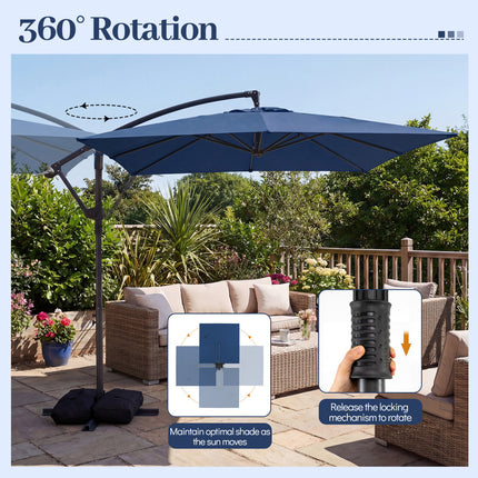 8 x 8 FT Offset Cantilever Patio Umbrella Square Hanging Outdoor Market Umbrella with 360° Rotation-Navy